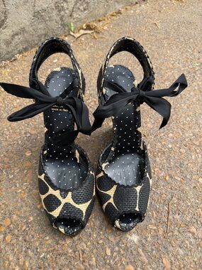 Moschino Black and Tan Peep-Toe Wedge Heels with Bow Ankle Ties